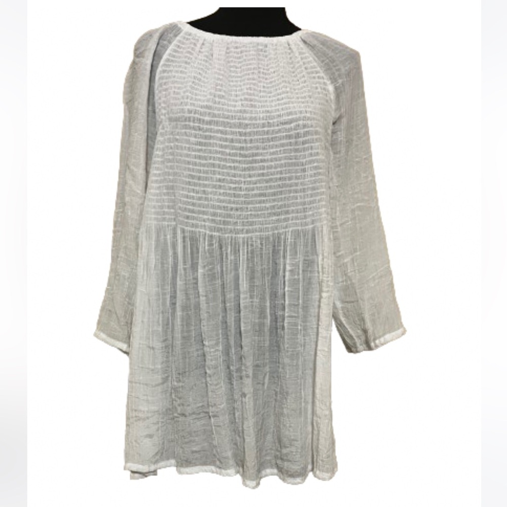 Indigo Soul 2X White Crinkle Gauze Smocked Boho Tunic Mini Dress Plus Size GUC